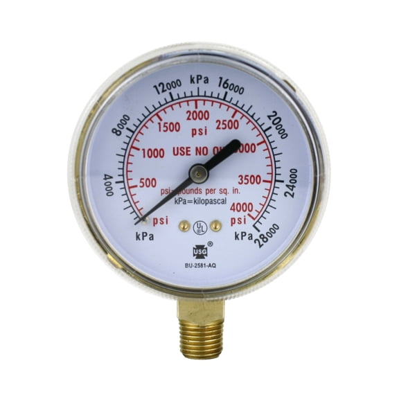 High-Pressure Gauge for Heavy-Duty Oxygen Regulators 0-4000 psi - 2.5 inches - Thread: 1/4" NPT
