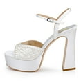 thumbnail image 2 of FSJ Women Bling Rhinestones Ankle Buckle Strap Sandals Chunky Platform Heels Pumps Square Open Toe Wedding Dress Shoes Size 4 White, 2 of 5