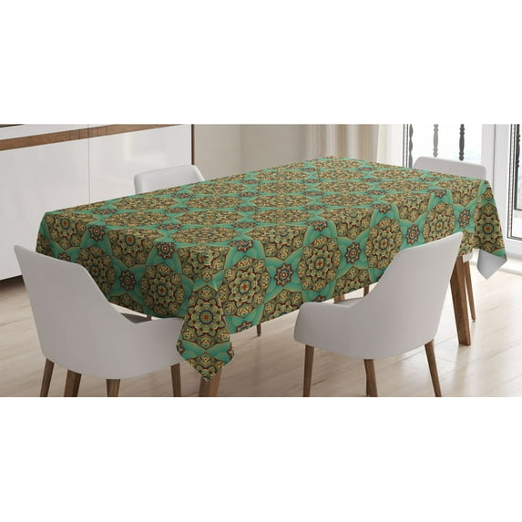 Mandala Tablecloth, Traditional Pattern with Flowers Eastern Influenced Design, Rectangle Satin Table Cover Accent for Dining Room and Kitchen, 60" X 84", Multicolor, by Ambesonne