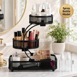3- Tier Black Metal Mesh Storage Rack With Hooks Space Saving Countertop Organizer For Kitchen, Bathroom Room Decor | Heavy Duty Cosmetic Perfume Toiletry Display Stand