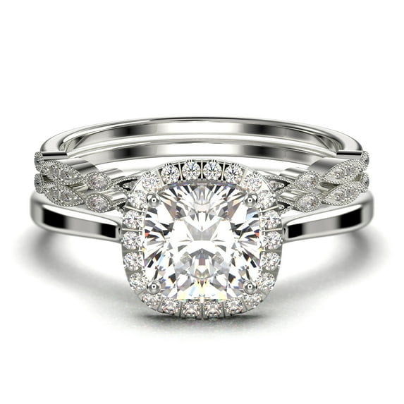 Dazzling Halo 2.55 Carat Cushion Cut Diamond Moissanite Engagement Ring, Wedding Ring, Two Matching Band in 925 Sterling Silver With Plain 18k White Gold Plating Shank Gift For Her