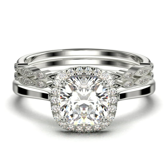 Dazzling Halo 2.55 Carat Cushion Cut Diamond Moissanite Engagement Ring, Wedding Ring, Two Matching Band in 10k Solid White Gold Shank, Gift For Her, Promise Ring, Anniversary Ring