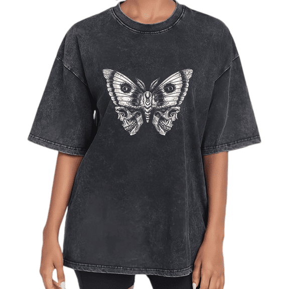UNISHE Unisex Skeleton Butterfly Vintage Washed Oversized Short Sleeve Crewneck T-Shirt Dark Art Surrealism Relaxed Fit Tee