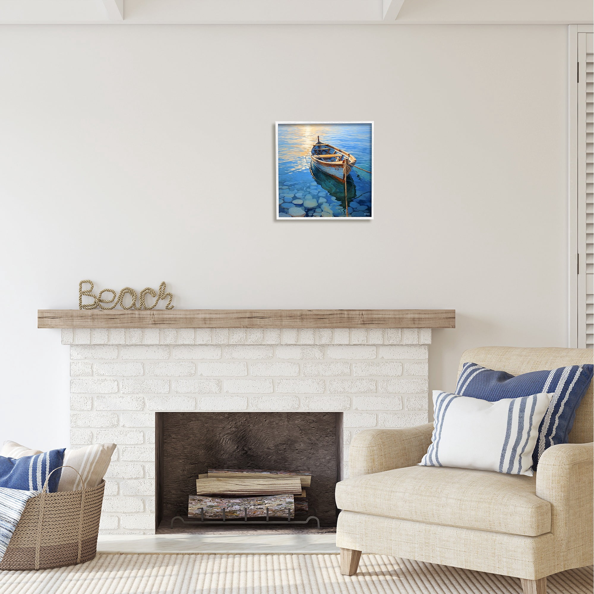 Stupell Industries Rowboat & Pebbled Shore Transportation Painting White Framed Art Print Wall Art, 17 x 17