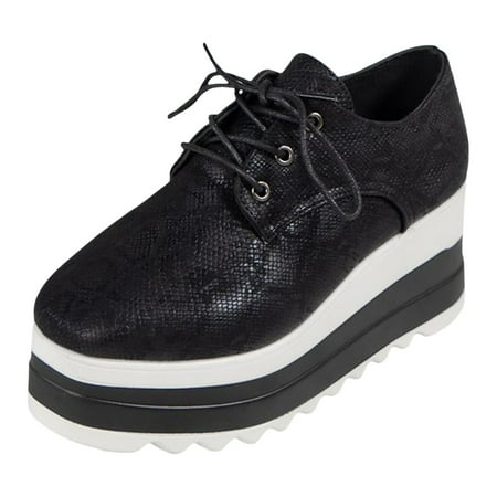 QYZEU Business Flats for Women Dark Wedges Shoes for Women New Women s Round Toe Lace Up Platform Shoes Casual Shoes for Girls Walking Lightweight Shoes Black 42