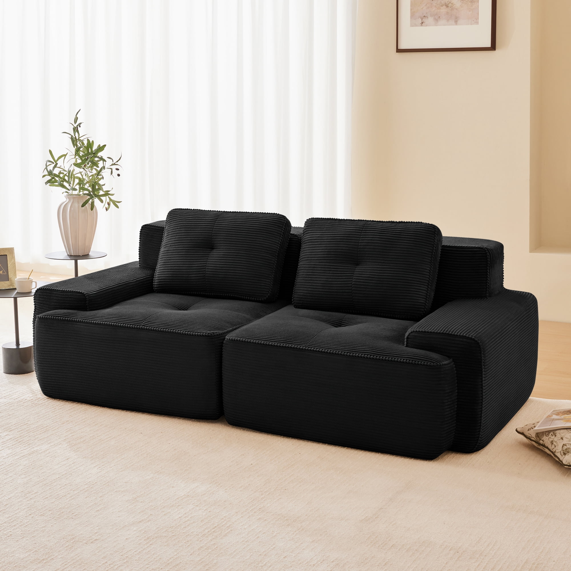 82 Inch Black Corduroy L-Shaped Sectional, Modular 2-Seater with Deep Seat, Pearl Piping and Buckle Connection, No Assembly Required