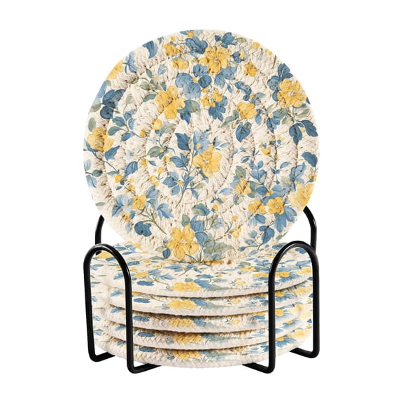 Yellow and Blue Flowers Green Leaves Drinking Coasters Cup Mat with Holder for Kitchen Cafe Bar 6 Packs