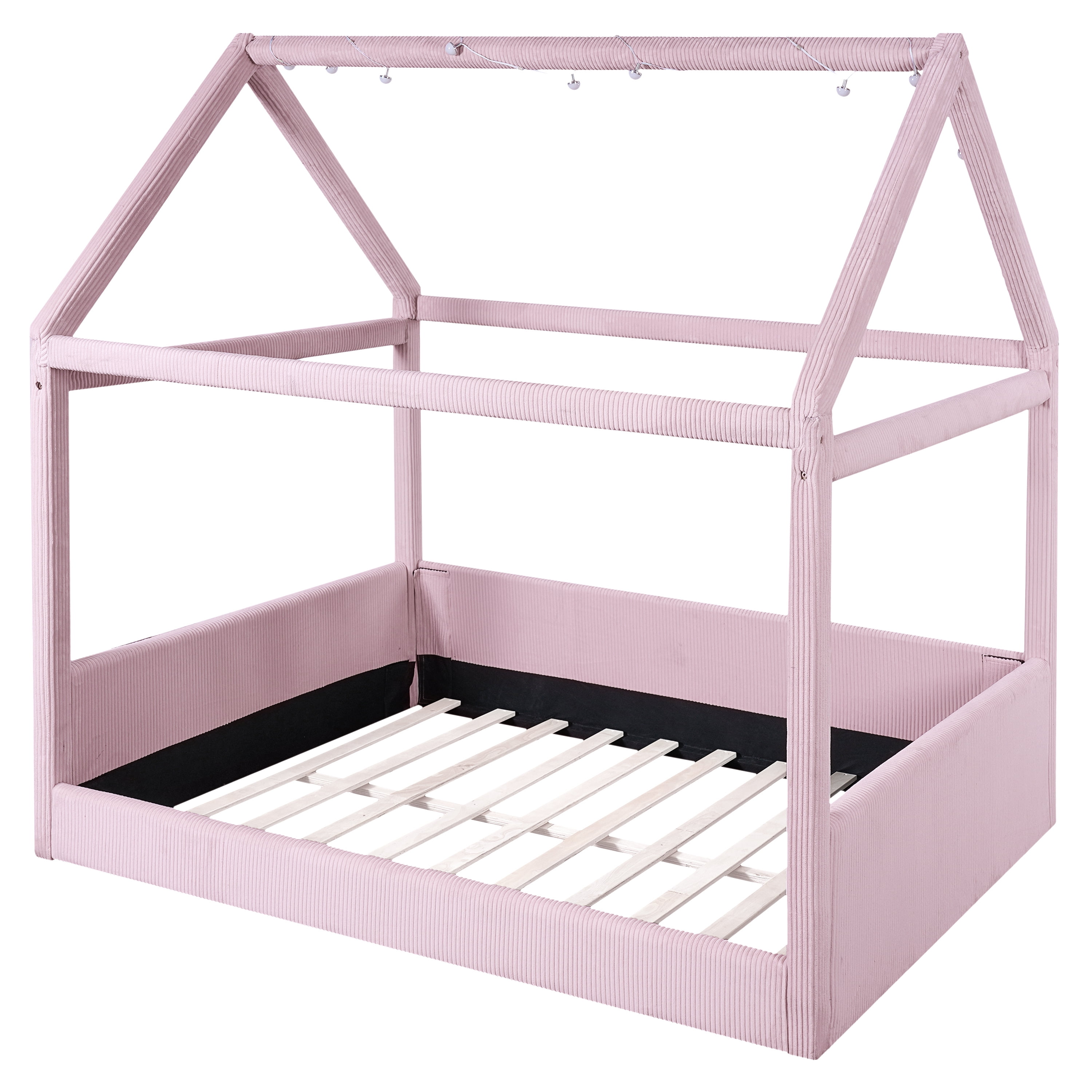 Euroco Upholstered Full Size Platform Bed, House Canopy Bed with LED Light Strip, Pink