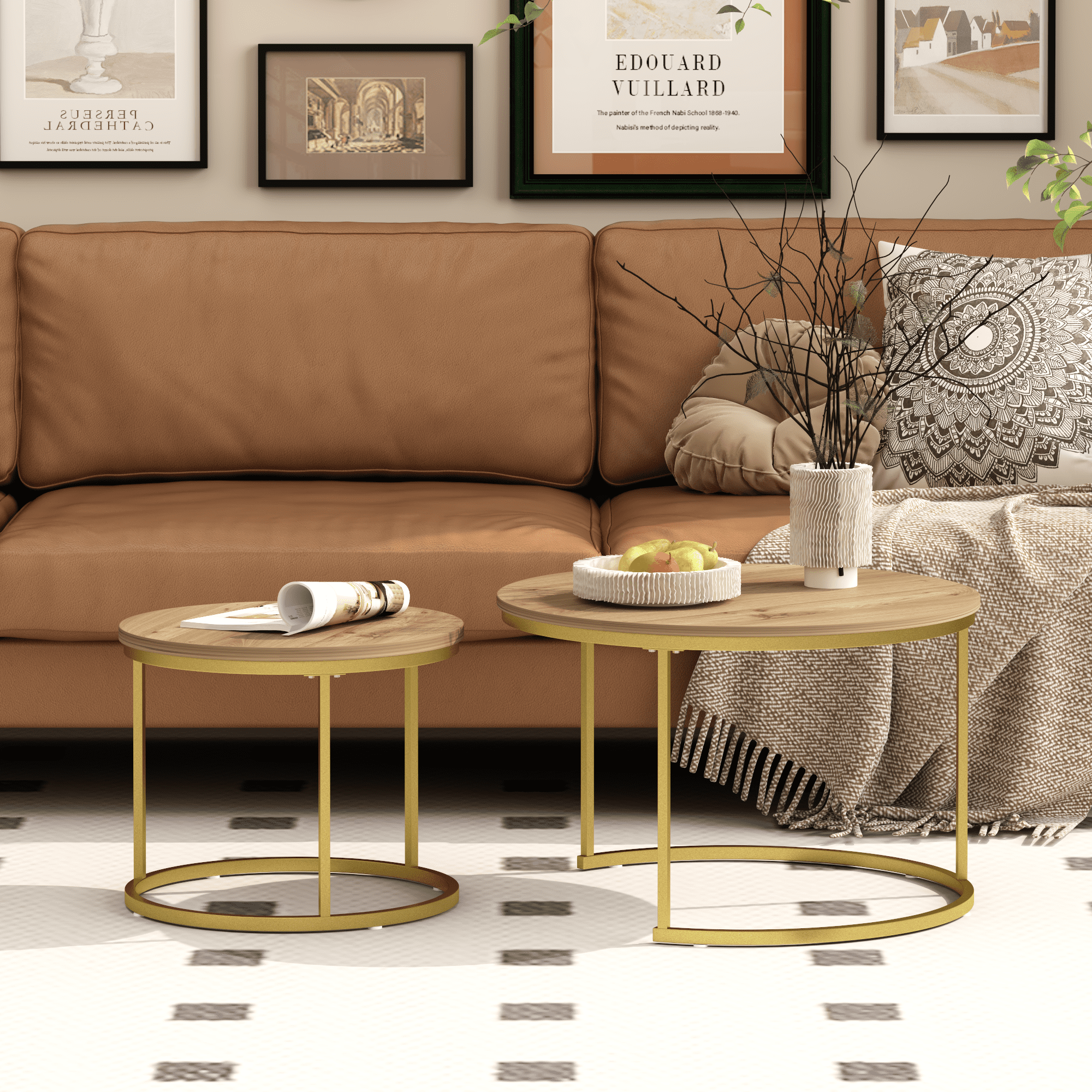 27.6in Nesting Coffee Table Set of 2, Round Coffee Table Wood Marble Pattern Top with Sturdy Metal Frame, End Table Side Tables for Living Room Bedroom Balcony Yard (Brown)