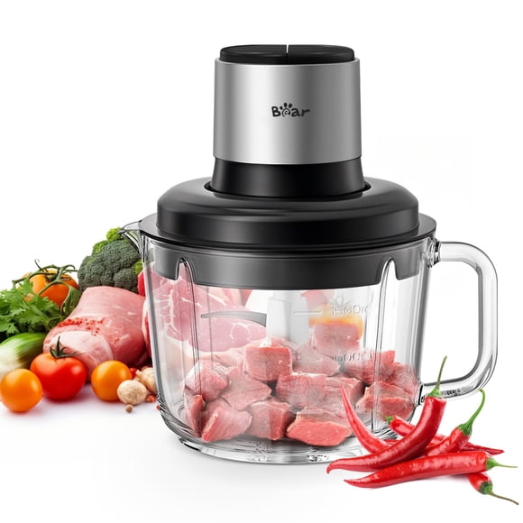 Bear Food Processor, Electric Food Chopper with 8 Cup/2L Handheld Glass Bowls, No-Hole 4 Bi-level Stainless Steel Blades for Easy Cleaning, 2 speed 4