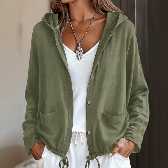 Cotton Linen Hooded Jackets for Women Fall Casual Long Sleeve Button Down Jacket Lightweight Loose Open Front Jackets, S