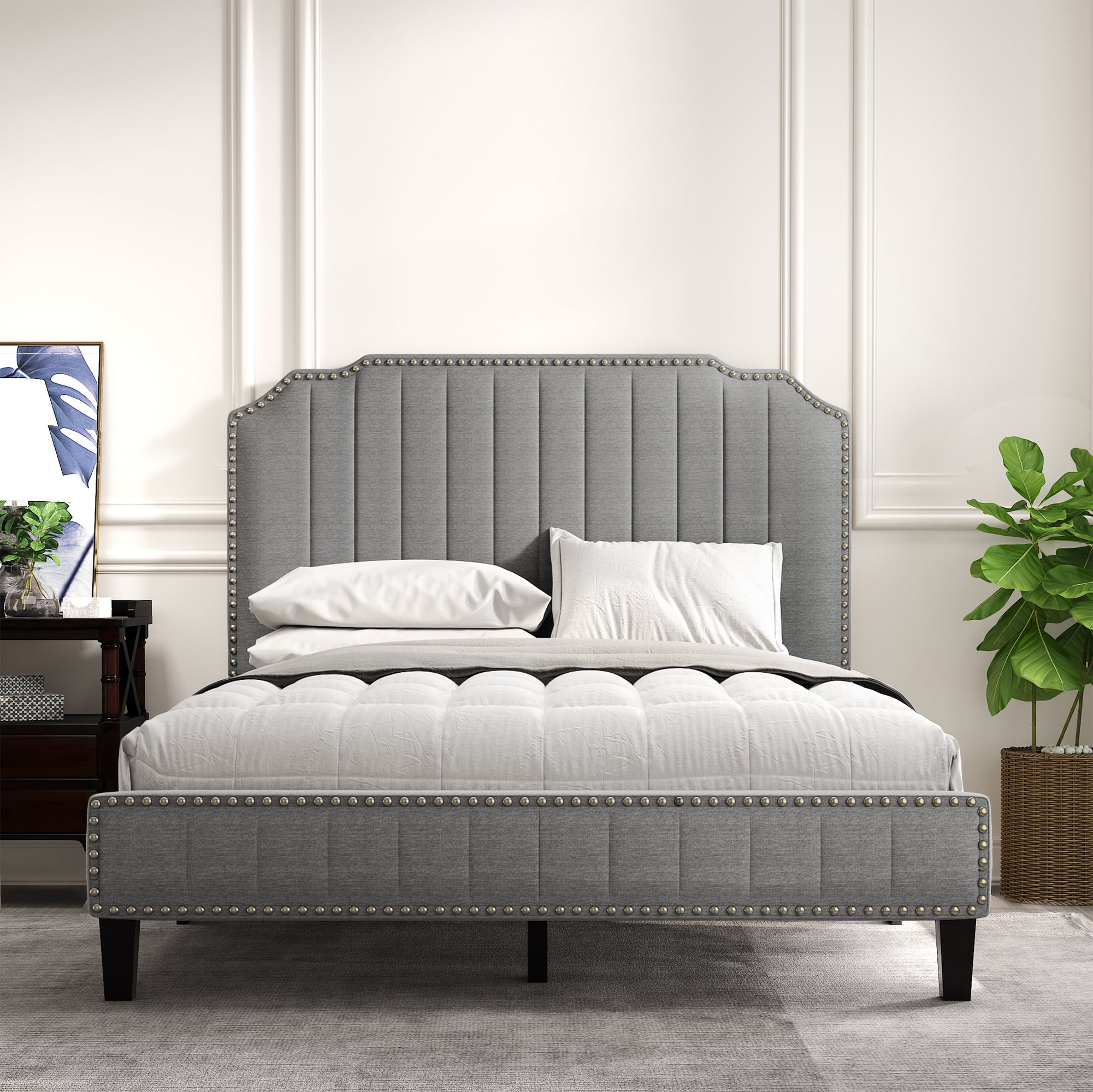 Platform Upholstered Gray Bed With Nailhead Frame Headboard King Queen Full Twin 
