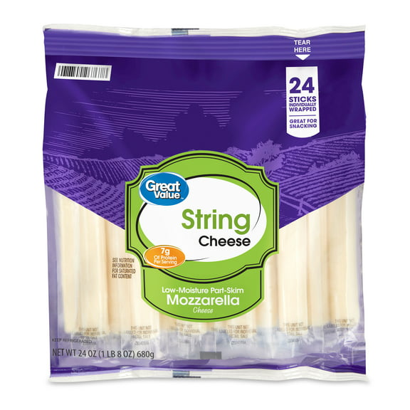 Great Value Low-Moisture Part-Skim Mozzarella String Cheese, 24 Sticks, 24 oz Bag