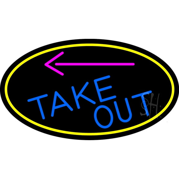 Take Out And Arrow Oval With Yellow Border LED Neon Sign 13 x 24 - inches, Clear Edge Cut Acrylic Backing, with Dimmer - Bright and Premium built indoor LED Neon Sign for Bar decor.