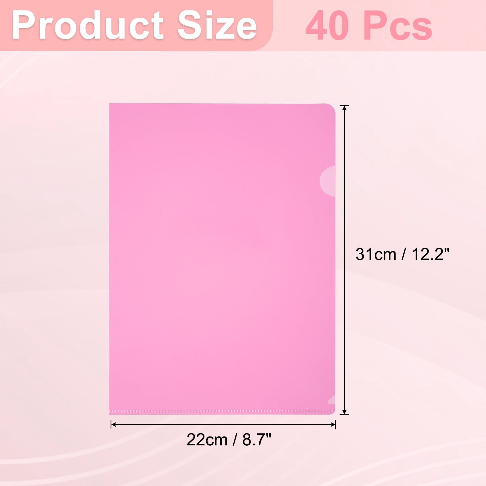 A4 Plastic Folders, 40 Pack Clear Folders L Type Project Pockets Paper Document Jacket Sleeves L Shaped Transparent for Documents Plastic Office File, 8.7x12.2in, Pink