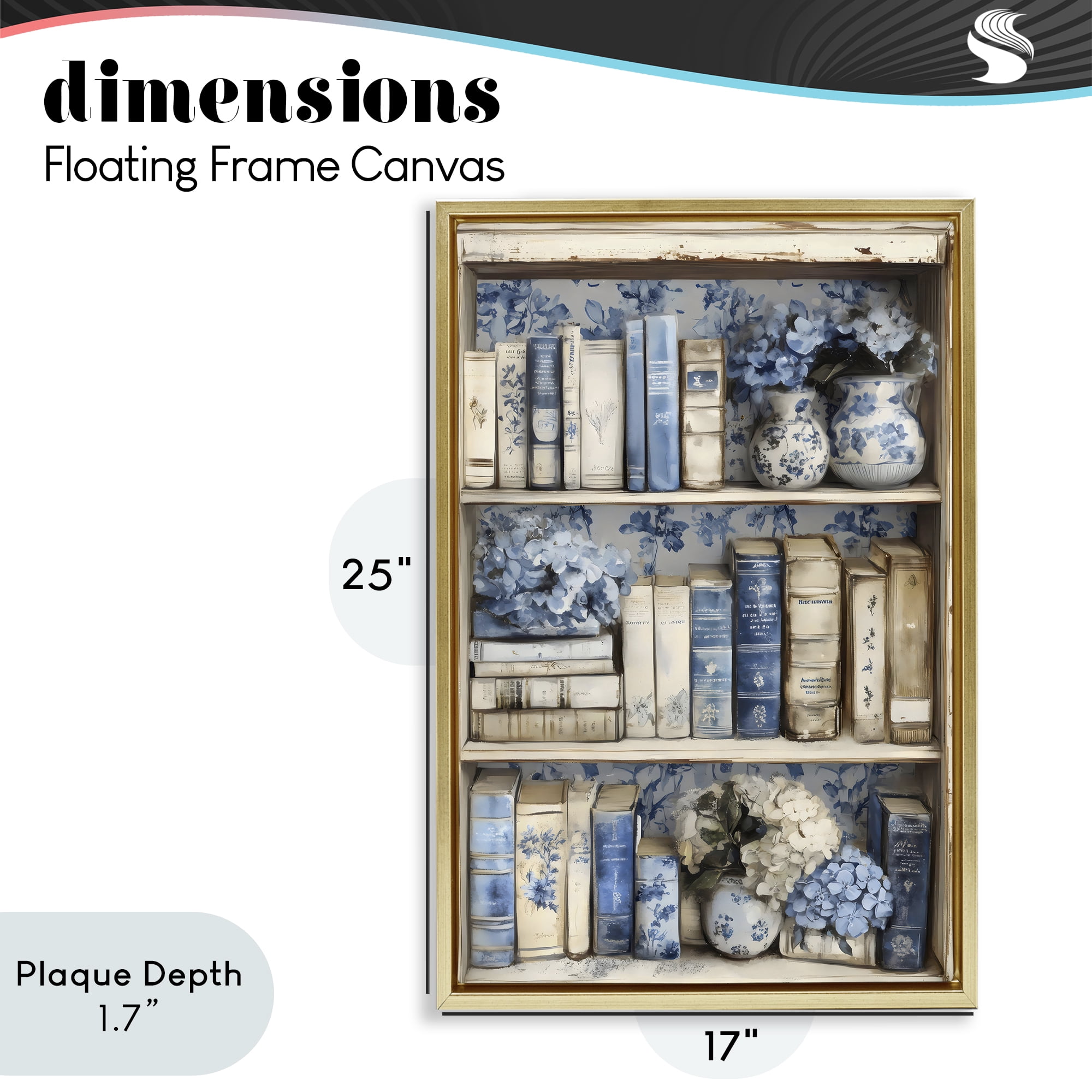 Stupell Industries Blue & Beige Bookcase Gold Framed Floater Canvas Wall Art, design by LSR Design Studio