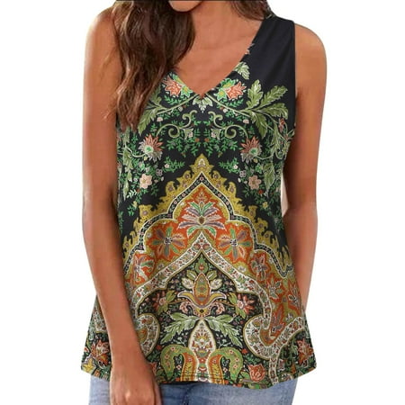 

JDEFEG Athletic Crop Top Women Casual Boho Print Sleeveless Top Shirt Vest V Neck Splice Tanks Camis Blouse Top Crop Pajamas Puffer Vest Women Polyester Spandex Green M