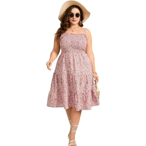 Plus Size Summer Dresses Women’s Sleeveless Square Neck Smocked Flowy Ruffle A Line Maxi Dress