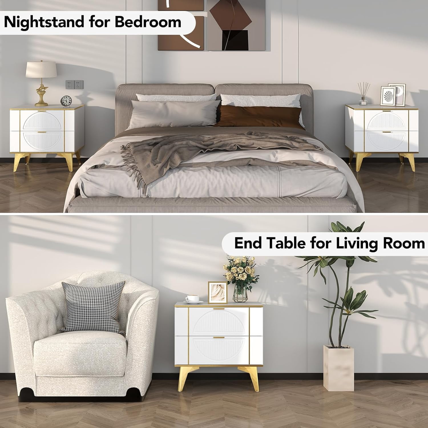 AISWORD Nightstands Set of 2 with Storage, End Table with 2 Drawers, Night Stand with Metal Legs, Farmhouse Sofa/Bed Side Table for Living Room, Bedroom (White)