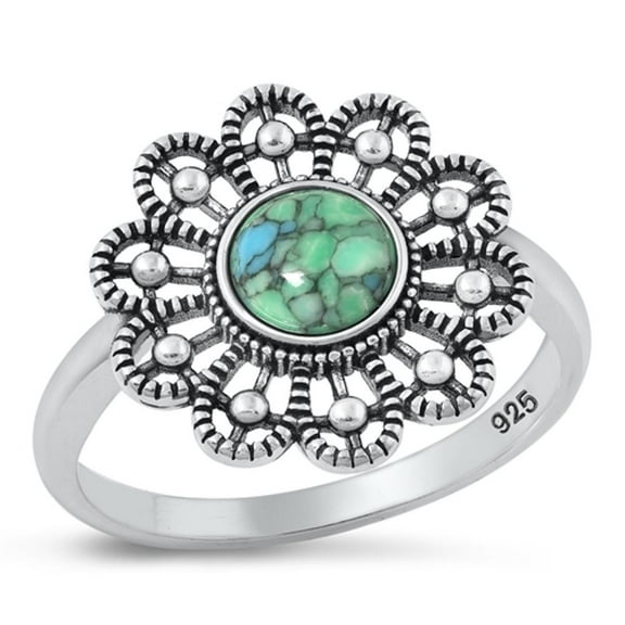 Simulated Turquoise Wholesale Flower Ring 925 Oxidized Sterling Silver Band Blue CZ Female Size 7