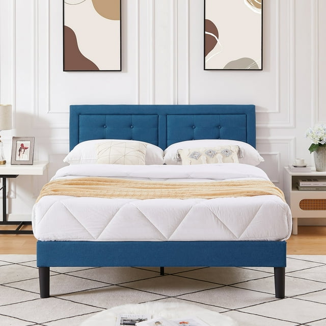 VECELO Upholstered Platform Bed Frame with Button Tufted Adjustable Headboard, Sturdy Wood Slat Support, Blue