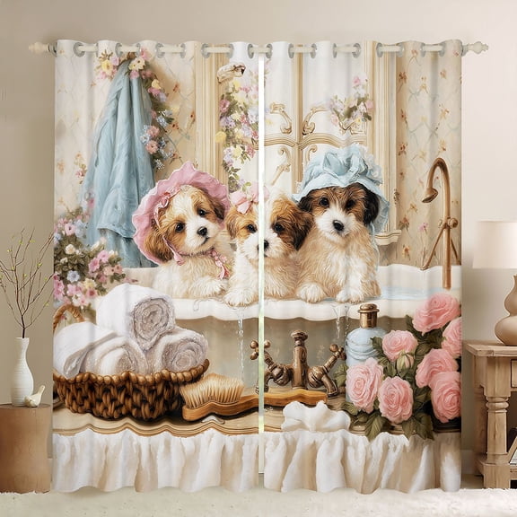 Homewish Cute Maltese Dog Kitchen Curtains,Pink Peony Flower Black Out Curtains Pack of 2 (42x63 Each),Cream