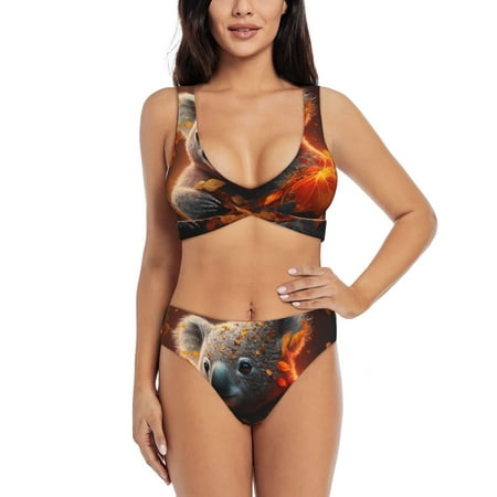 Zeuib Cute Maple Leaf Koala High Waisted Tummy Control Bikini Set - Knot Front Push Up Top & Cheeky Thong Bottom  Two-Piece Swimsuit for Women-Medium