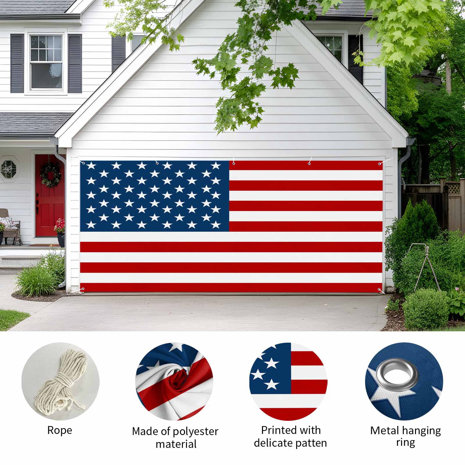 American Flag Garage Door Cover Banner 7 x 16 FT, Blue Red USA Flag Garage Door Curtains Backdrop with Grommets for Indoor Outdoor Wall Party Porch Yard Decorations Background