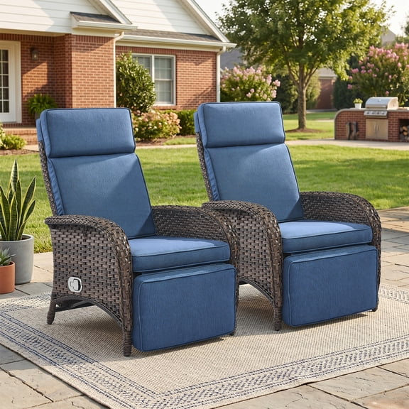 PARKWELL Outdoor Patio Recliner Chair Set of 2,Adjustable Rattan Reclining Lounge Chair with Cushion, Navy