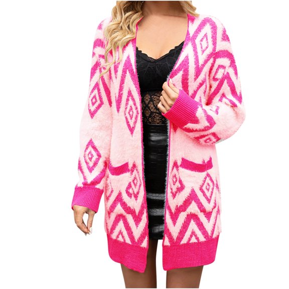 XPMWRP Women's Floral Print Fleece Open Front Jackets Long Sleeves Casual Loose Coats Oversized Winter Trendy Knitted Cardigan Coats Pink S