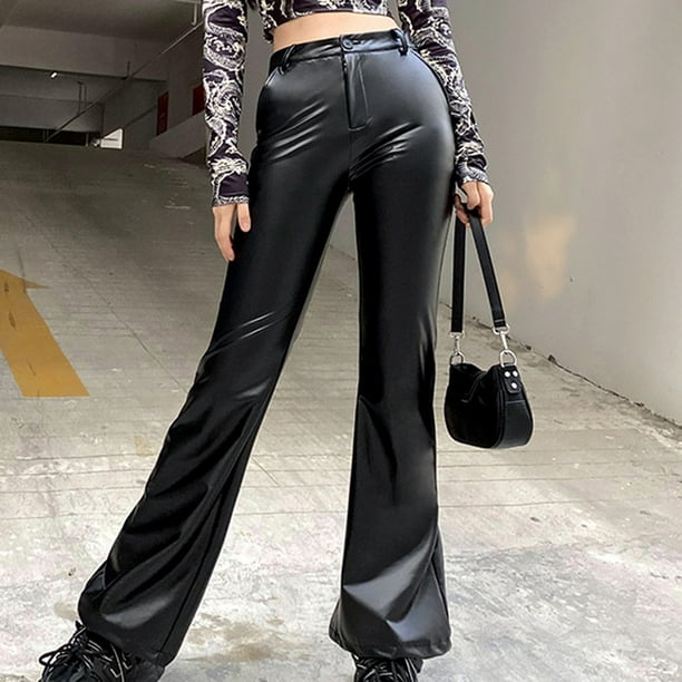 Women's Faux Leather Bell Botom Flare Pants Solid High Waisted Stretch  Leather Pants Comfy Trendy with Pocket