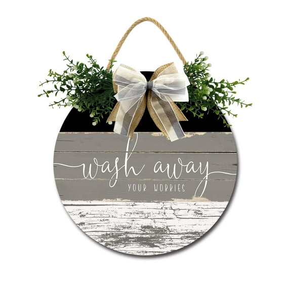 Eveokoki Wash Away Your Worries Front Door Sign Funny Wreaths Hanging Wooden Plaque Decoration Round Rustic Wood Farmhouse Porch Decor for Home Front Door Decor, 12 x 12 Inch