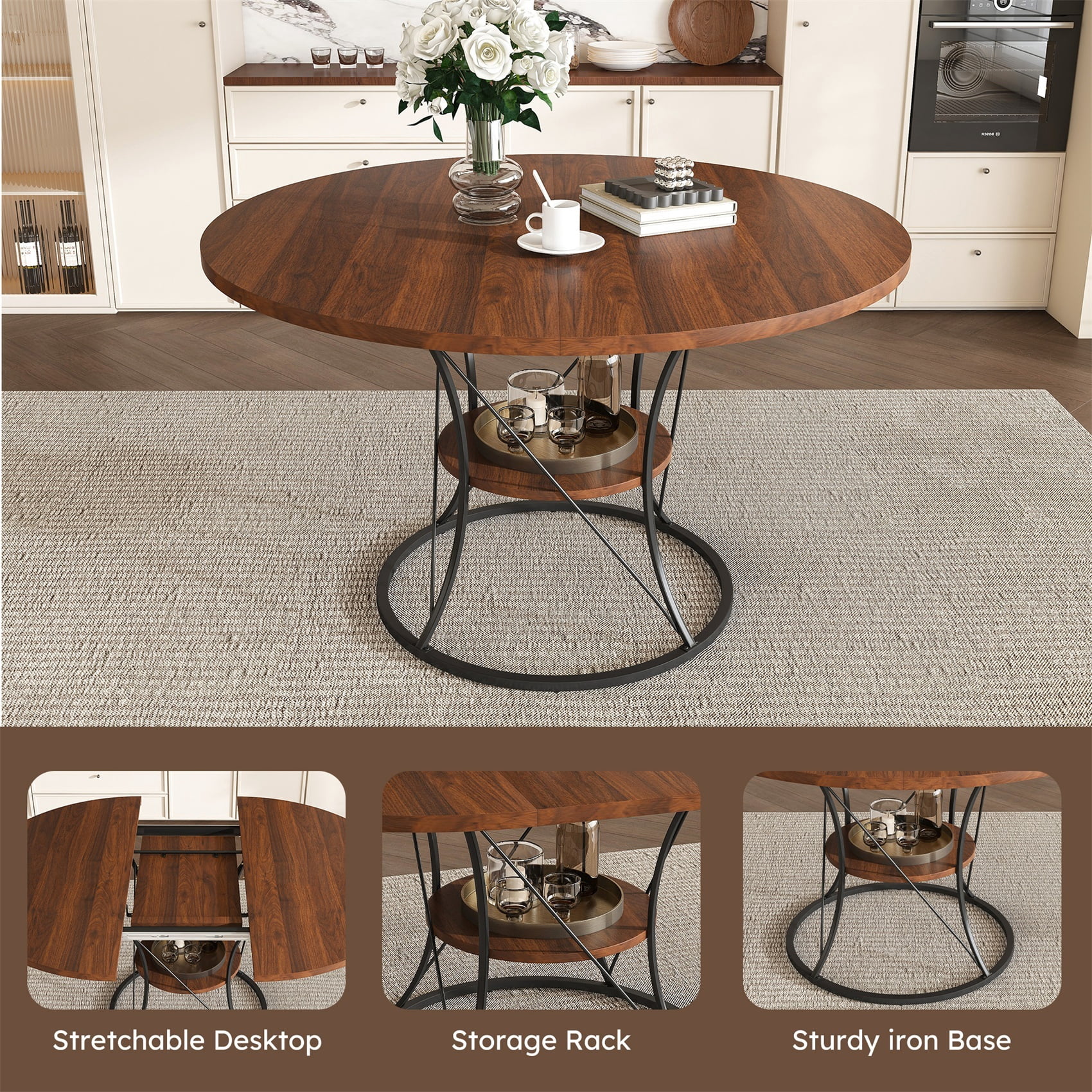 Alvantor Extendable Round Dining Table for 4-6 People, Modern Wood Farmhouse Table with Storage Shelf & Metal Base Perfect for Small Space Walnut