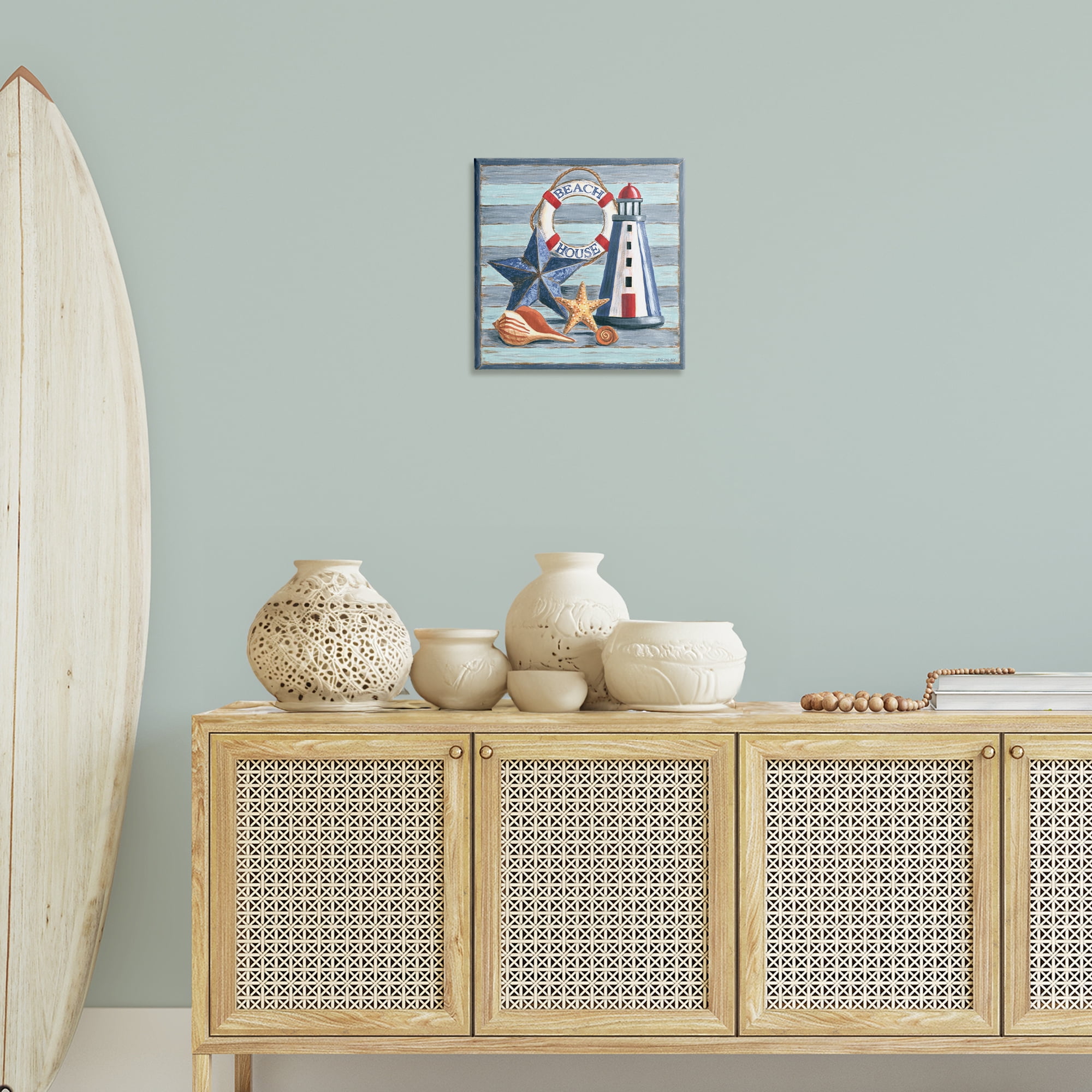 Stupell Industries Rustic Beach House on Stripes Nautical & Beach Painting Wrapped Canvas Art Print Wall Art, 17 x 17