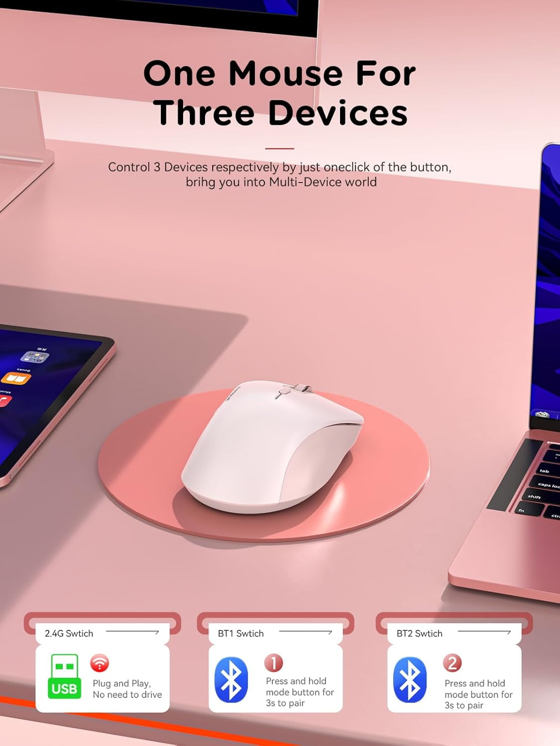 Bluetooth Wireless Mouse - Dual & 2.4 GHz USB Receiver, Ergonomic Design, Quiet Clicks, Low Power Multi-Device Compatibility for MacBook, Laptop, Computer, iPad Air/Pro (Pink)
