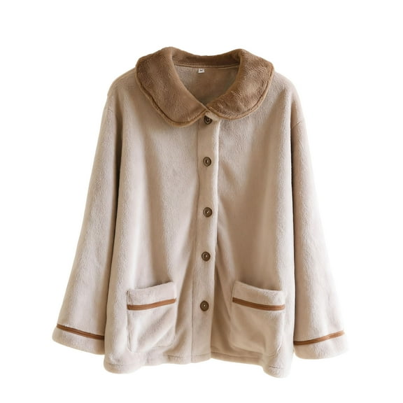 Bovxnpu Women's Pajama Tops Sleep Shirt, Women's Plus Size Solid Color Stylish Round Neck Cardigan with Pockets Fleece Lined Thickened Flannel Long Sleeve Sleep Top Sleepwear Loungewear