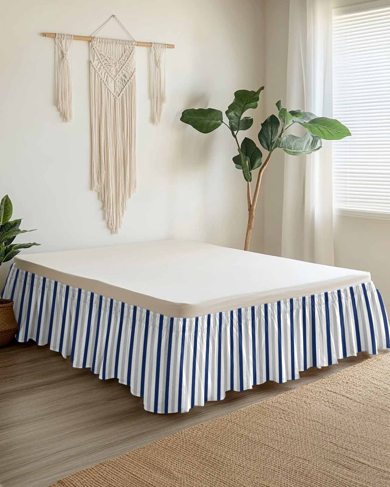 Navy Blue White Stripes Ruffle Bed Skirt King Size Minimalist Abstract Vertical Striped Adjustable Elastic Dust Bed Skirts Wrap Around Bedskirt Wrinkle Free Easy Fit with 18 Inch Drop