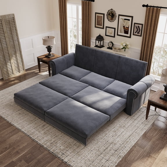 Luxurious 94" King Pull Out Sofa Bed, 3-in-1 Velvet Convertible Sleeper Sofa with Nailhead Trim, Rolled Arm & Deep Seat for Living Room, Grey