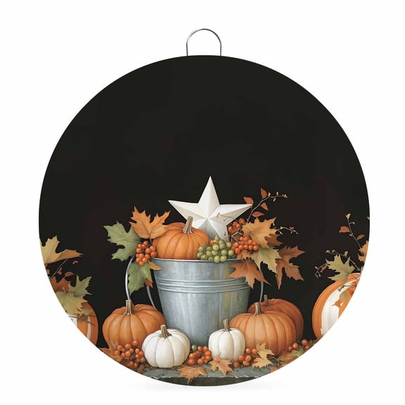 Welcome Sign for Front Door, Fall Pumpkin Round Metal Wall Art Wreaths, Rustic Star Thanksgiving Maple Leavf Black Outdoor Indoor Wall Hanging Sign for Porch Decor Housewarming Gifts 5.9 Inch