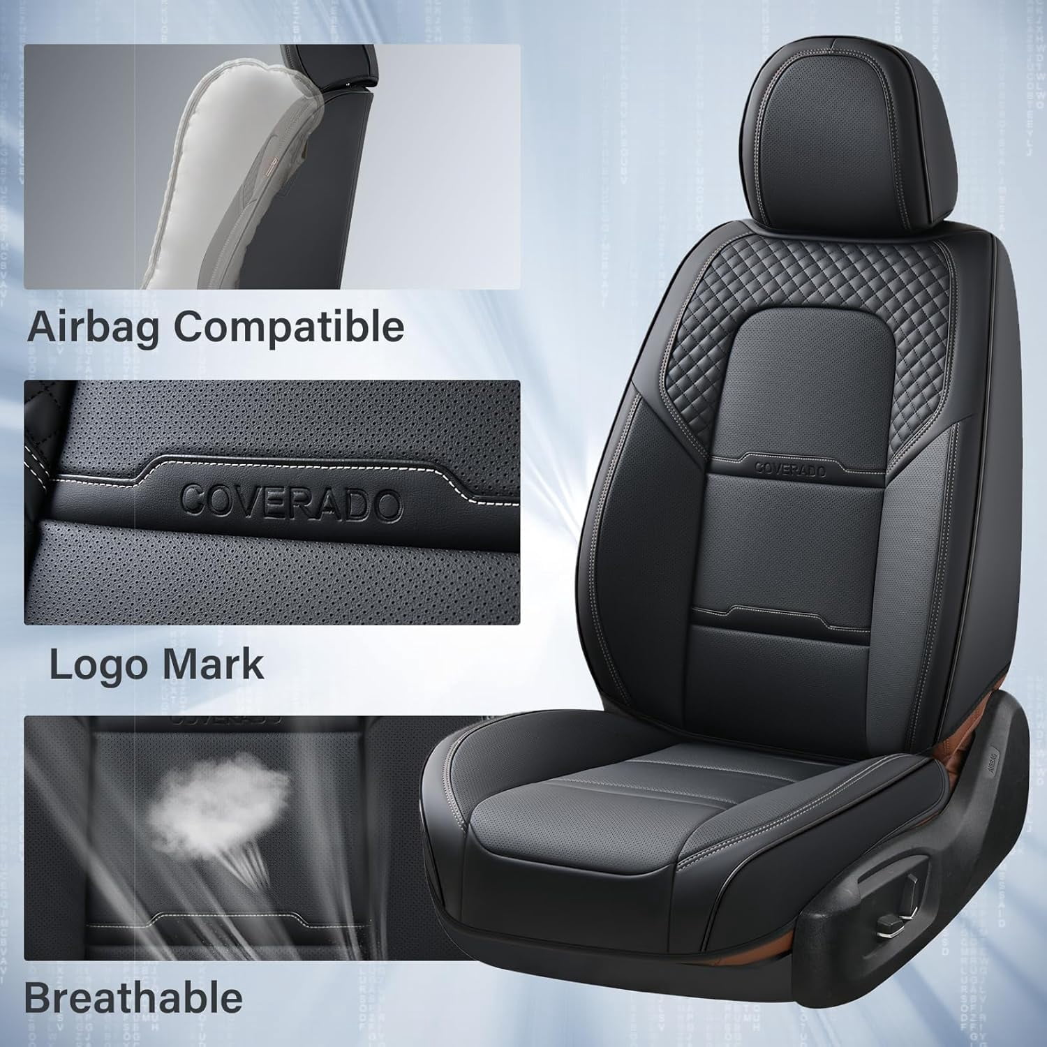 Coverado Car Seat Covers Full Set, Breathable Faux Leather Seat Protectors, Comfortable&Durable, Auto Cushion Universal Fit for Most Cars, Black