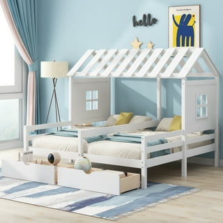 Twin Size House Bed with Rails and Storage Drawers and Desk for Kids, Wood  Montessori Beds with Seat and Shelves, L-Shape Playhouse Tent Corner Bed