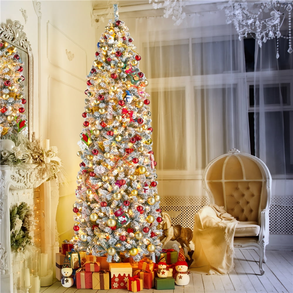 SmileMart Clear Prelit Incandescent White Flocked Pencil Artificial Christmas Tree, Foldable Stand - Walmart.com