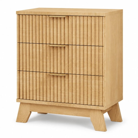 Fluted 3-Drawer Nightstand, 24-Inch Wide Natural Oak Side Table, Tall Bedside Table with Deep Drawers, Smooth Gliding Slides, Metal Handles, Mid-Century Modern Wood End Table for Bedroom Living Room