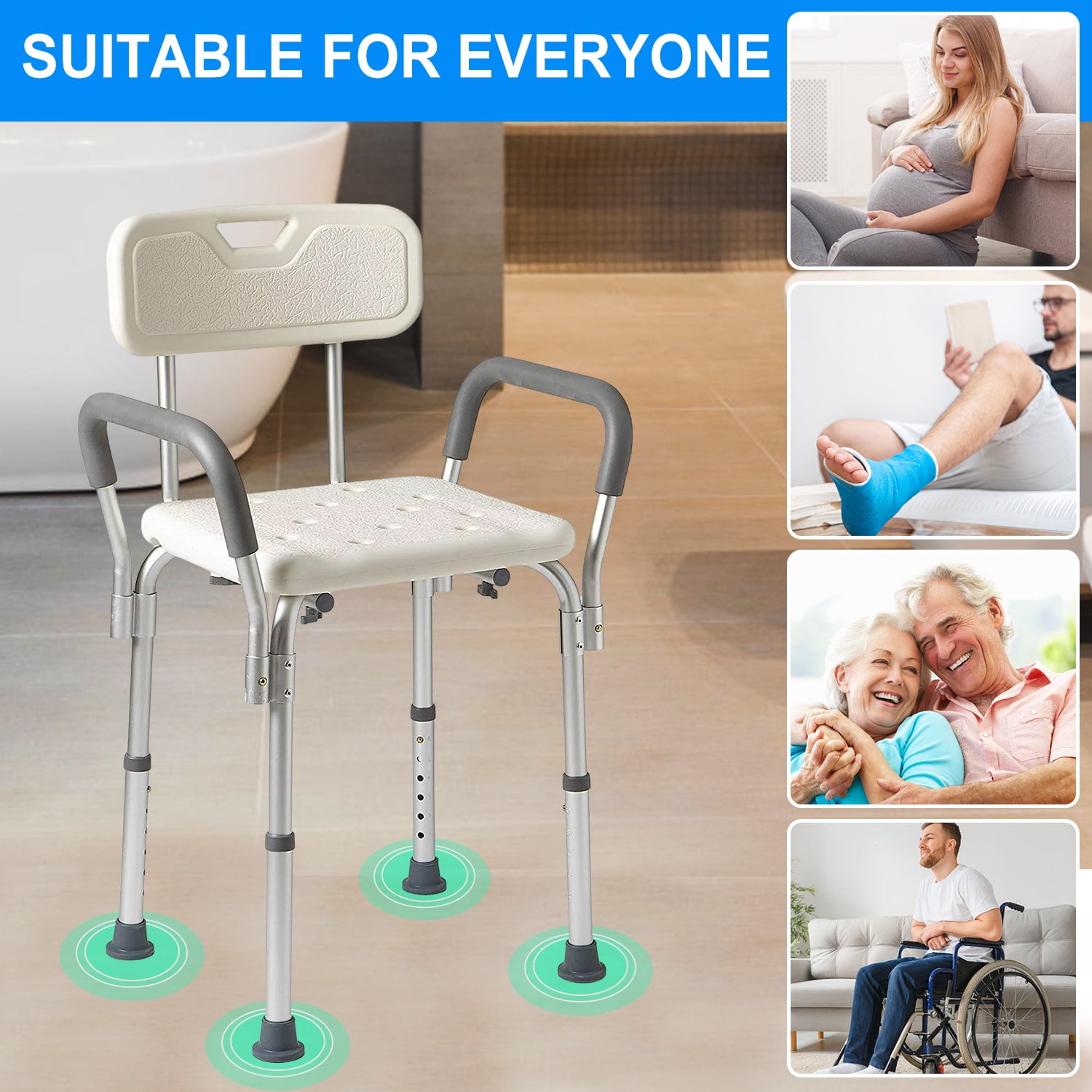 Shower Chair, Heavy Duty Shower Chair with Shower Handle, Adjustable Heights Portable Shower Chair Seat Bench, Anti-Slip Shower Bench Bathtub Stool for Elderly, Senior, Handicap & Disabled