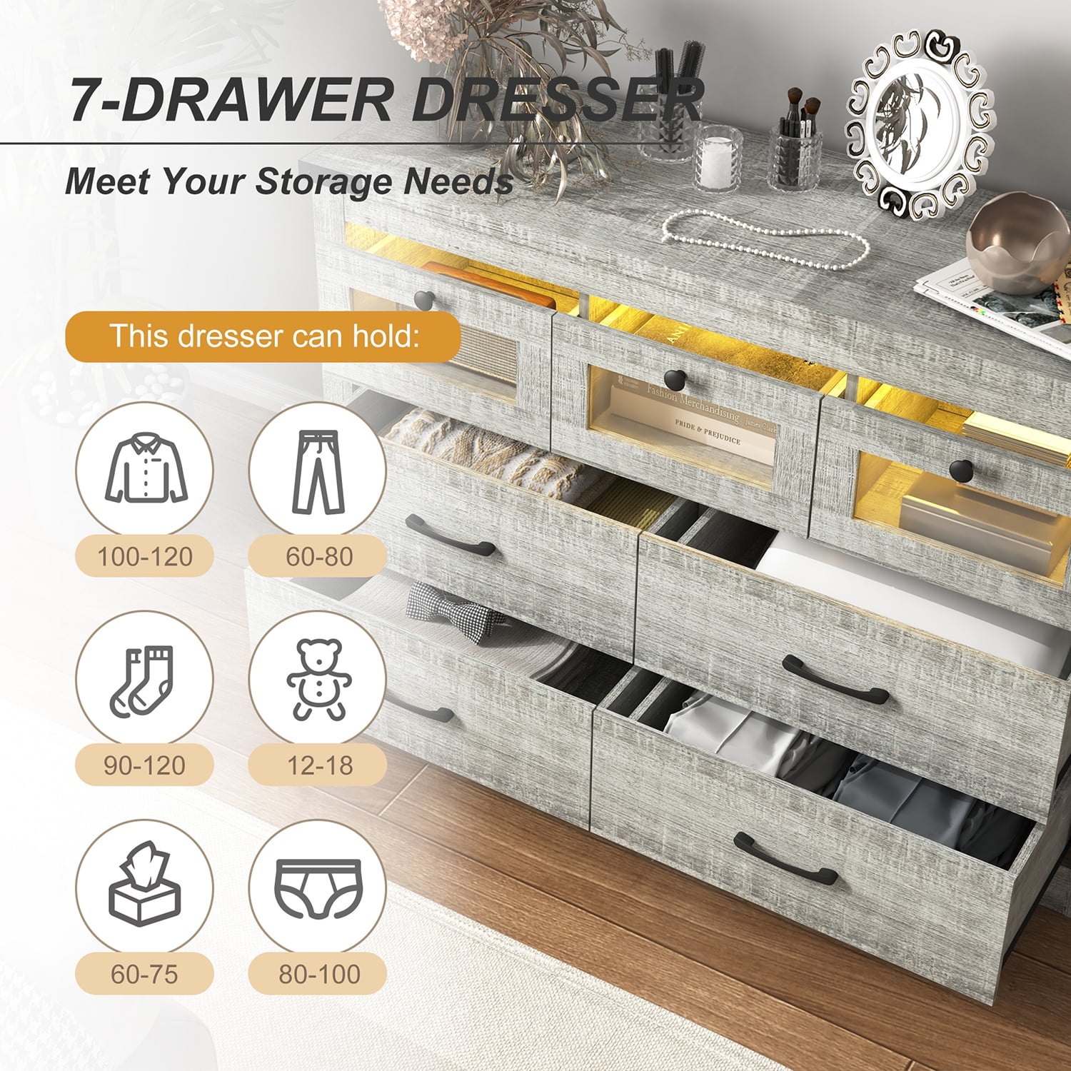 Kepooman Chest of Drawers, 7 Drawer LED Dresser for Living Room, Nursery Dresser, Cement Grey Kepooman Chest of Drawers, 7 Drawer LED Dresser for Living Room, Nursery Dresser, Cement Grey