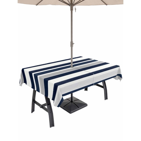 Outdoor Tablecloth with Umbrella Hole, Navy Blue White Striped Waterproof Outdoor Table Cover, Grey Farmhouse Stripe Abstract Art Patio Tablecloths for Party Picnic Camping, Rectangle 54"x80"