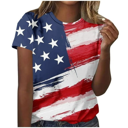 Dianli American Independence Day Short Sleeve Womens Fashion Independent Day Print Tops Short Sleeve Workout Blouse Round Neck T-Shirt Tops Solid Gifts For Elderly Women Workout XL,10