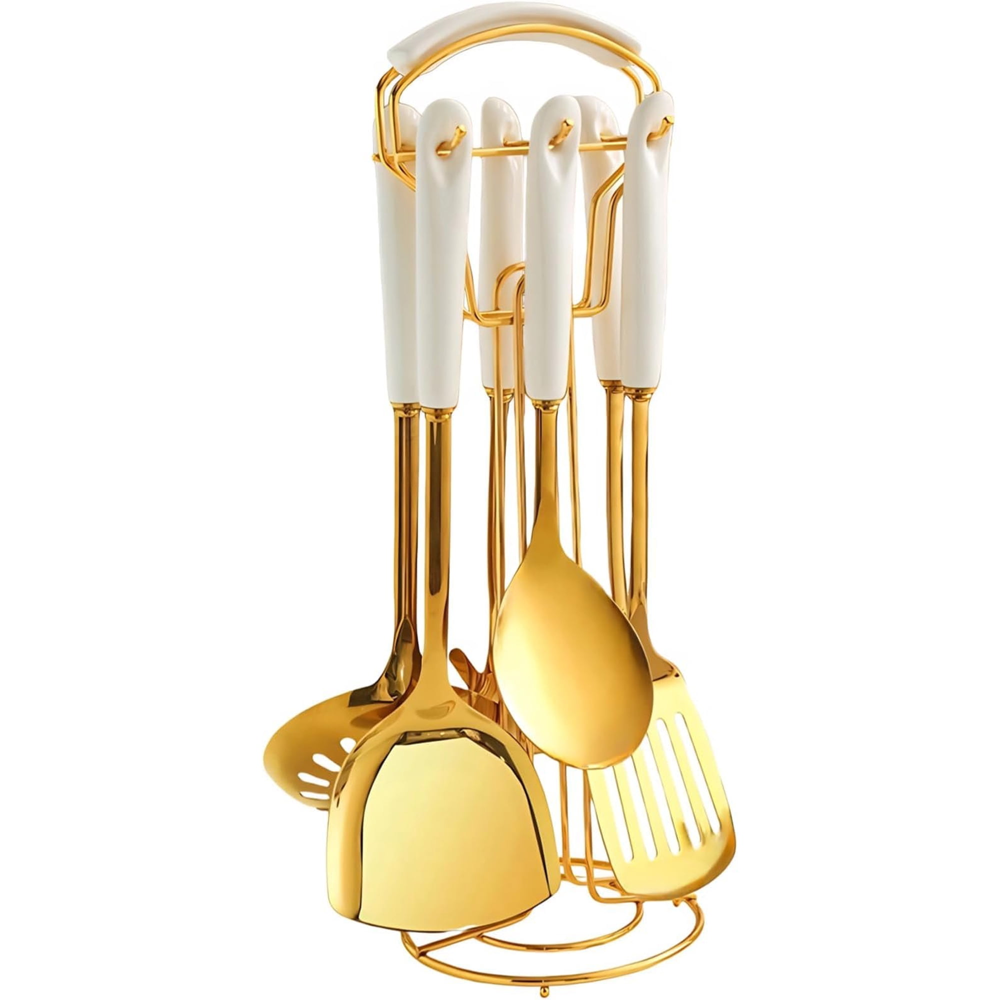 Stainless Steel Kitchen Utensils Set with Holder 7 count Kitchen Accessories for Cooking Includes Soup Ladle Metal Spatula Slotted Spoon Slotted Spatula Pasta Spoon White &