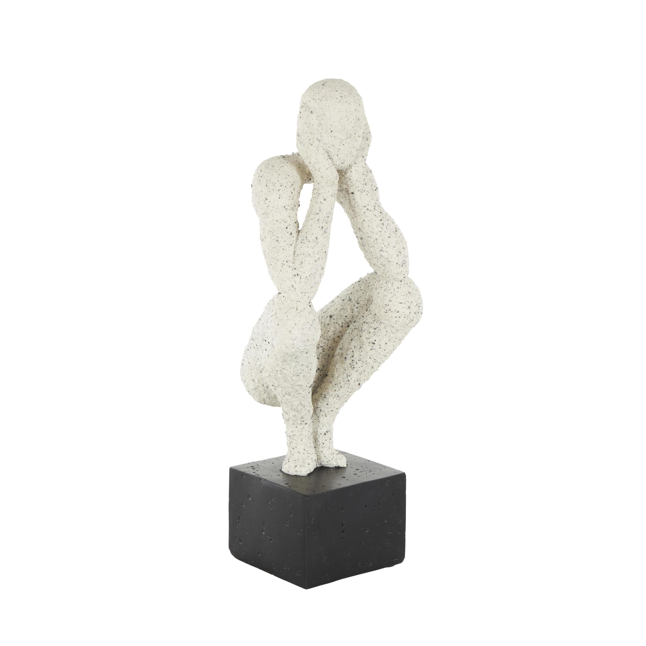 6" x 16" Cream Polystone Crouching People Sculpture with Black Square Base, by DecMode