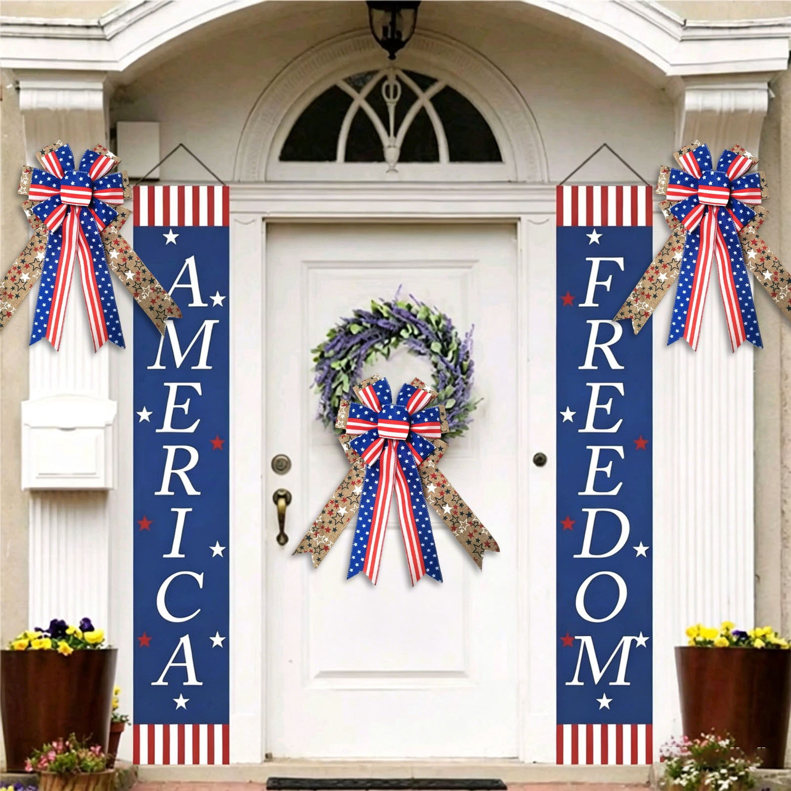 Independece Day Wreath Bows, Patriotic Decor Bows for July 4th Wreath, America Flag Strip Burlap Bow for Front Door Memorial Day, Patriotic Tree Topper Decor Indoor Outdoor Supplies